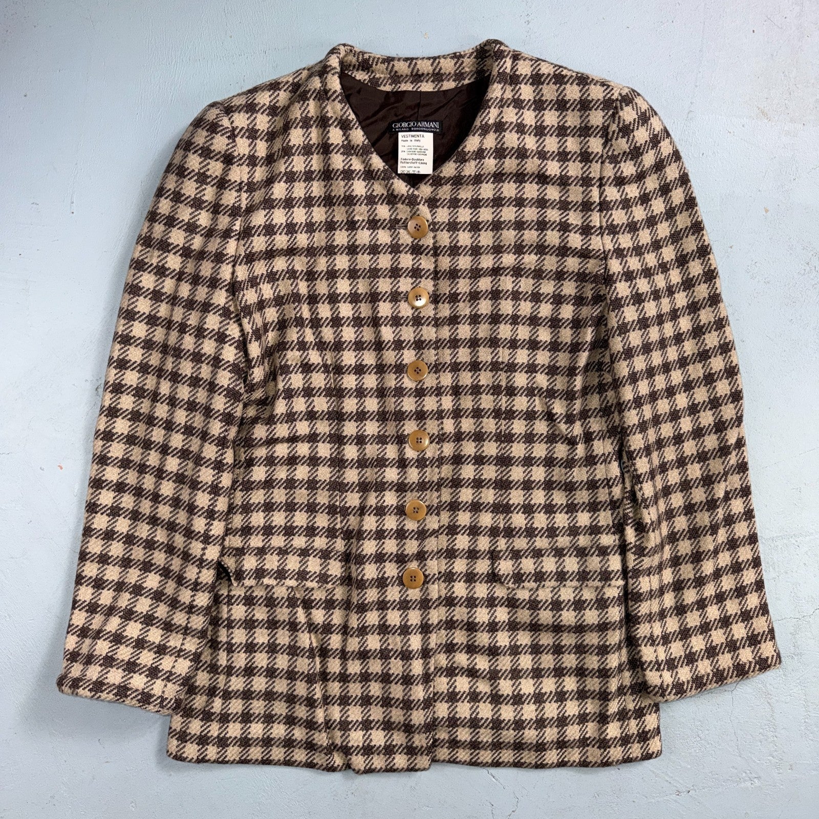 Giorgio Armani Jacket Women 42 VTG Brown Houndstooth V Neck Italy Cashmere Wool