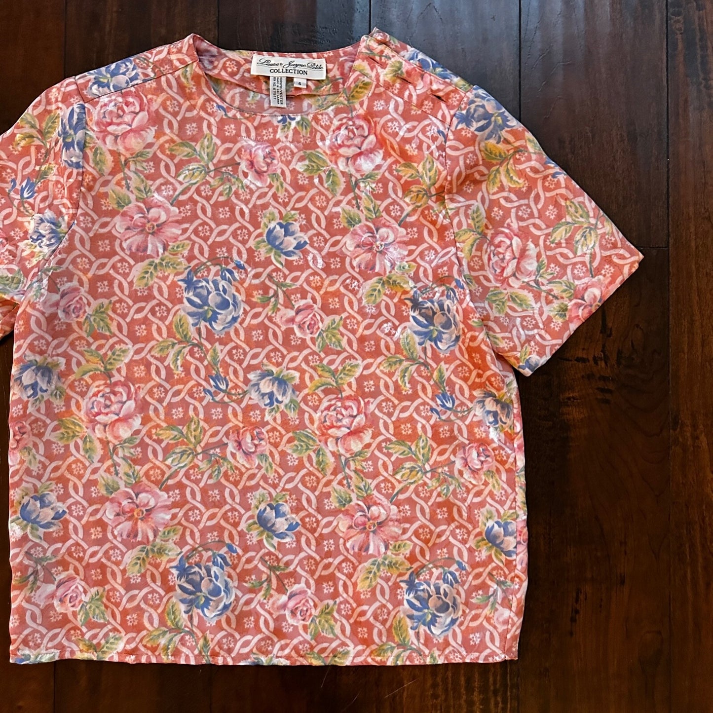 VTG Laura and Jayne Peites Womens Semi Sheer Blouse Blue Button 4 Floral Cute