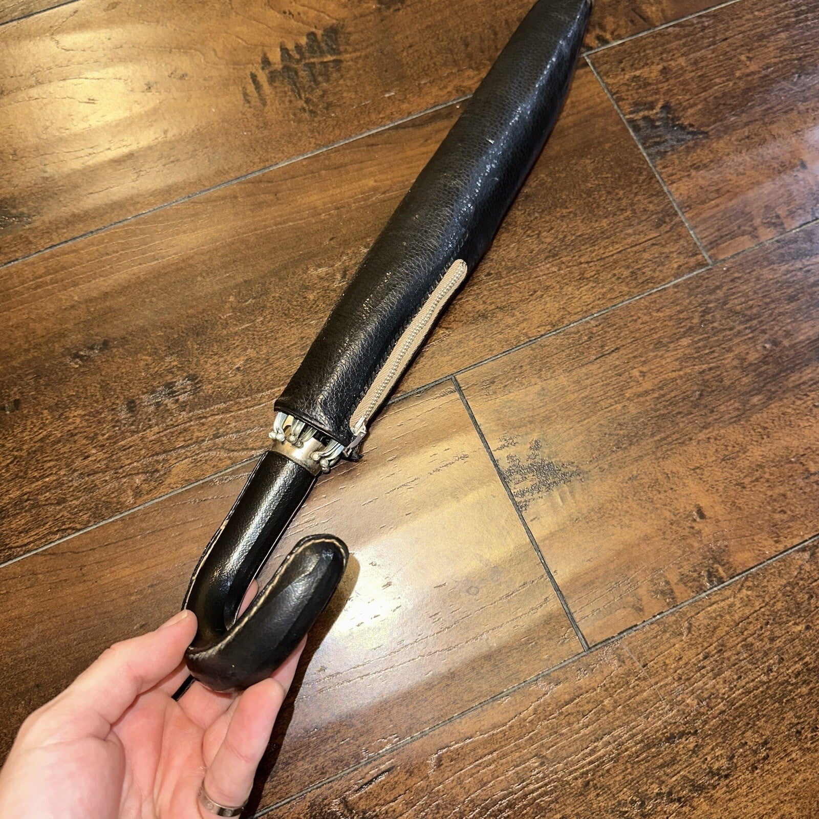 Vintage Telescoping Umbrella Leather Handle and Case 70s 80s Antique Black Basic