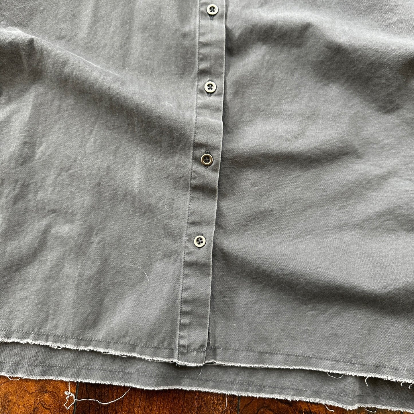 Good Luck Gem Dark Grey Boxy Cotton Button Up Shirt Raw Edge Hem Lightweight