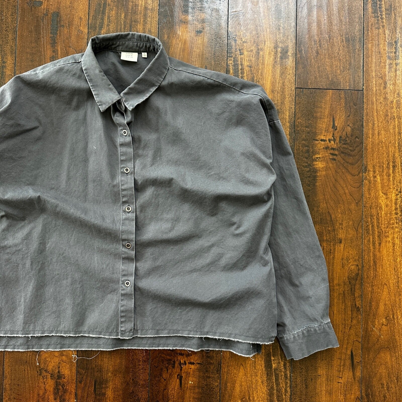 Good Luck Gem Dark Grey Boxy Cotton Button Up Shirt Raw Edge Hem Lightweight