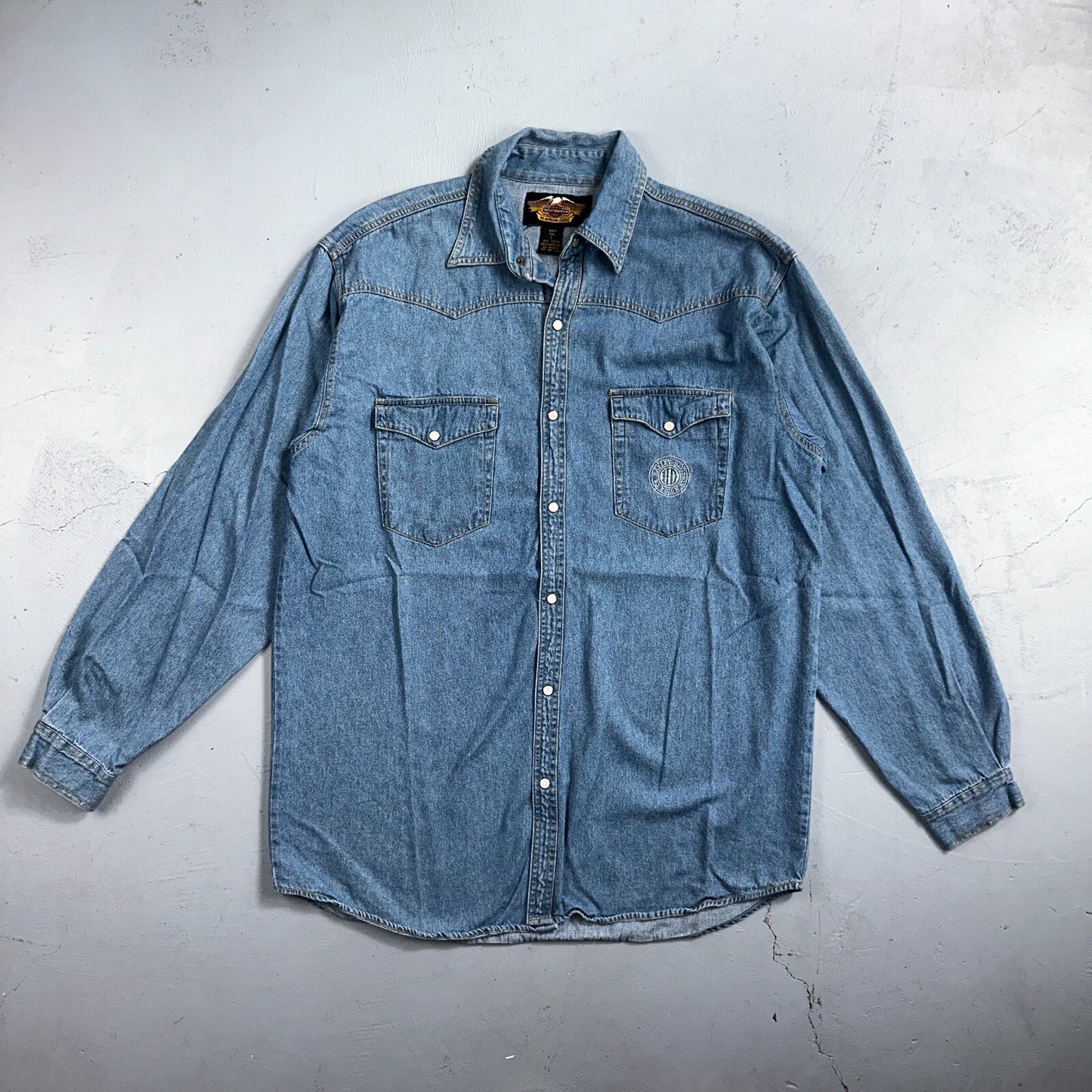 Harley Davidson Shirt Mens Large Long Blue Pearl Snap 90s Vintage Motor