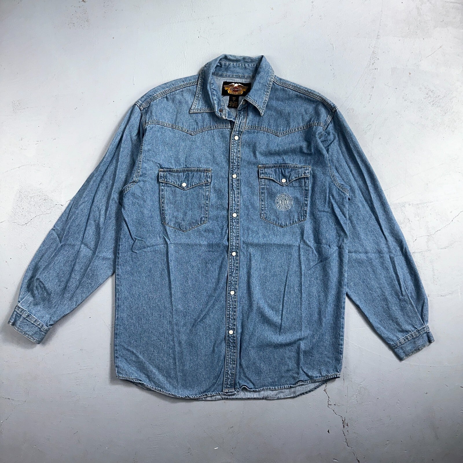 Harley Davidson Shirt Mens Large Long Blue Pearl Snap 90s Vintage Motor