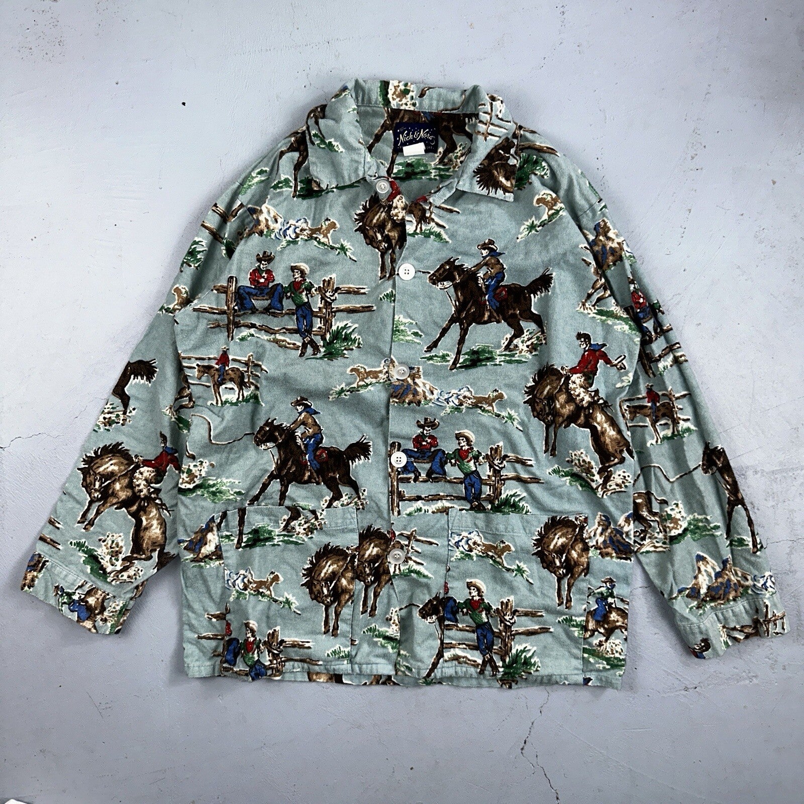 Nick & Nora Cowboy Pajama Shirt M Green Flannel Kurt Cobain USA 90s Nirvana T