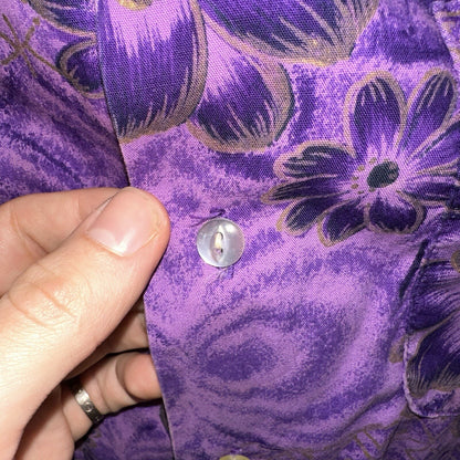 Vintage 50s Hawaiian Aloha Print Shirt Rockabilly Honolulu 60s Button USA Purple