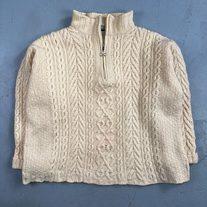 Aran Crafts Ireland Ivory Merino Wool Cable Knit Fisherman Sweater XL 1/4 VTG