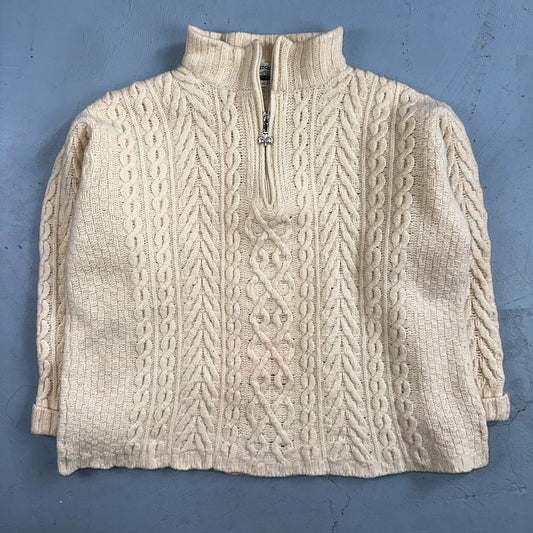 Aran Crafts Ireland Ivory Merino Wool Cable Knit Fisherman Sweater XL 1/4 VTG