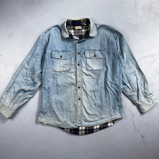 VTG USA Made LL Bean Flannel Lined Worn Distressed Denim Shirt Size L Farm Core
