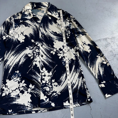 1970s Hawaiian Long Sleeve Floral Waves Button Down Shirt Medium 70s Rockabilly