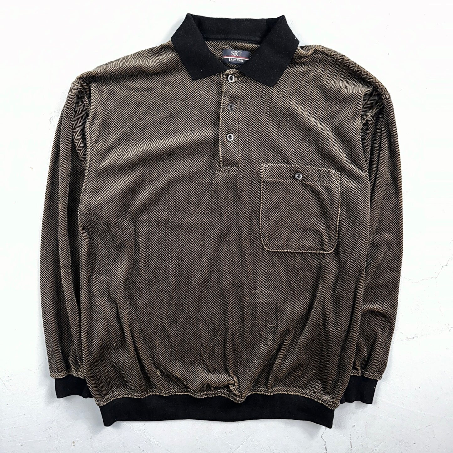 SRT Herringbone Mens Shirt Size L Gray Long Sleeve Henley VTG Golf Polo 90s