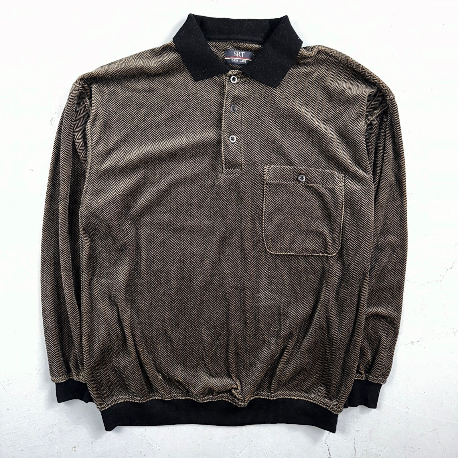 SRT Herringbone Mens Shirt Size L Gray Long Sleeve Henley VTG Golf Polo 90s