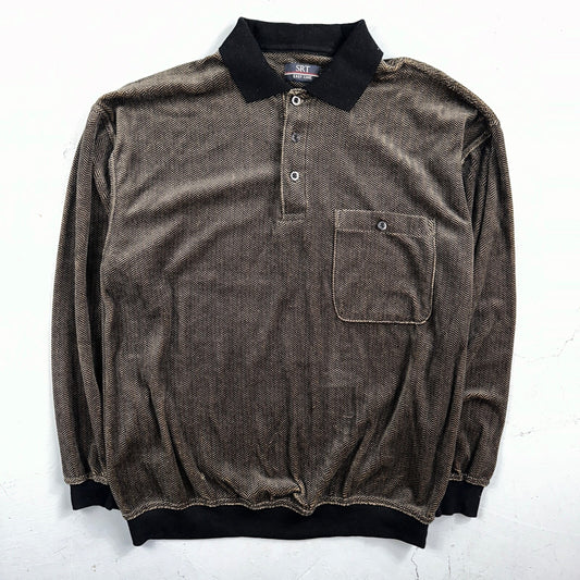 SRT Herringbone Mens Shirt Size L Gray Long Sleeve Henley VTG Golf Polo 90s