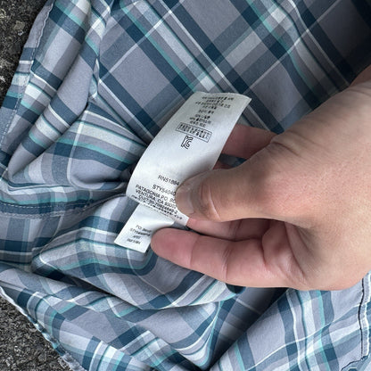 Patagonia Worn Wear Button Up Snap Shirt Short Sleeve Blue Gray Plaid Men Sz 2XL