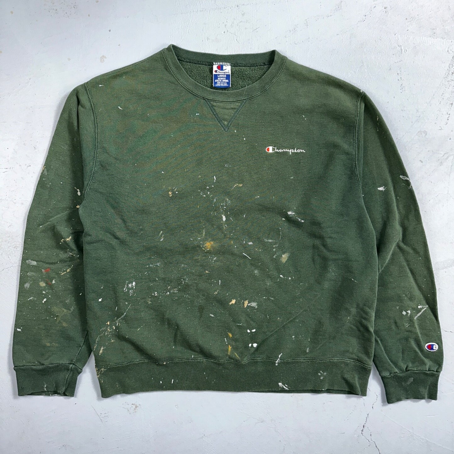 Champion 90s USA Sweatshirt VTG Crewneck Green Thrashed Paint Stained Large
