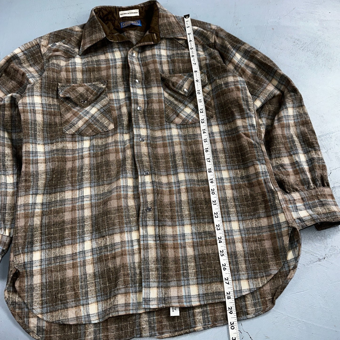 Pendleton VTG High Grade Western Wear Pearl Snap Wool Plaid Shirt Sz L Plaid 70s