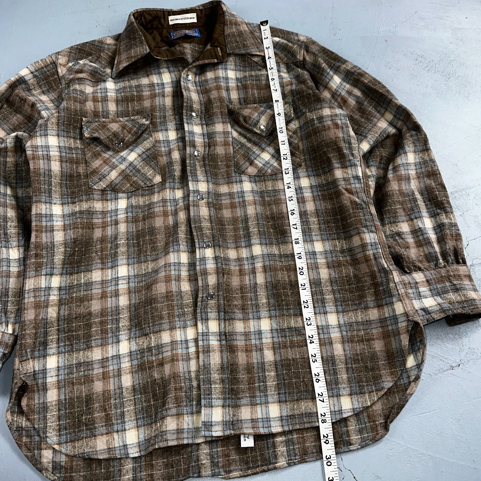 Pendleton VTG High Grade Western Wear Pearl Snap Wool Plaid Shirt Sz L Plaid 70s