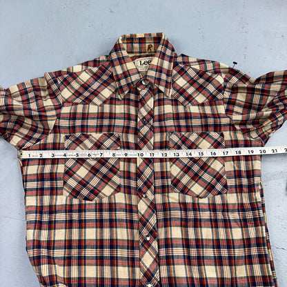 VTG Lee Men's Pearl Snap Extra Long Tails Western Shirt Red Plaid USA Medium 70s