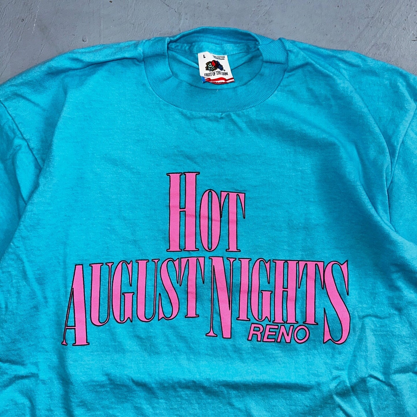 Hot August Nights 90s Reno Fruit of the Loom VTG T Shirt USA Bright Blue Graphic
