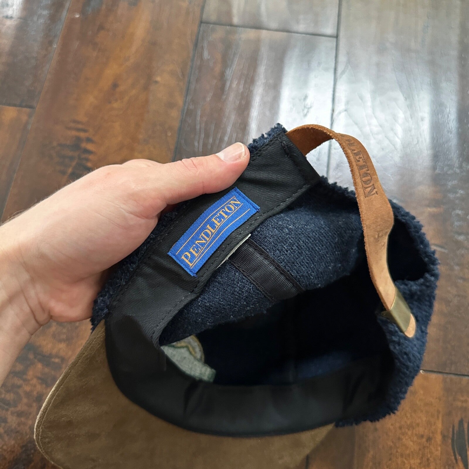 Pendleton Sport Hat Fleece Suede Flap Camp Navy USA Made Vtg 90s