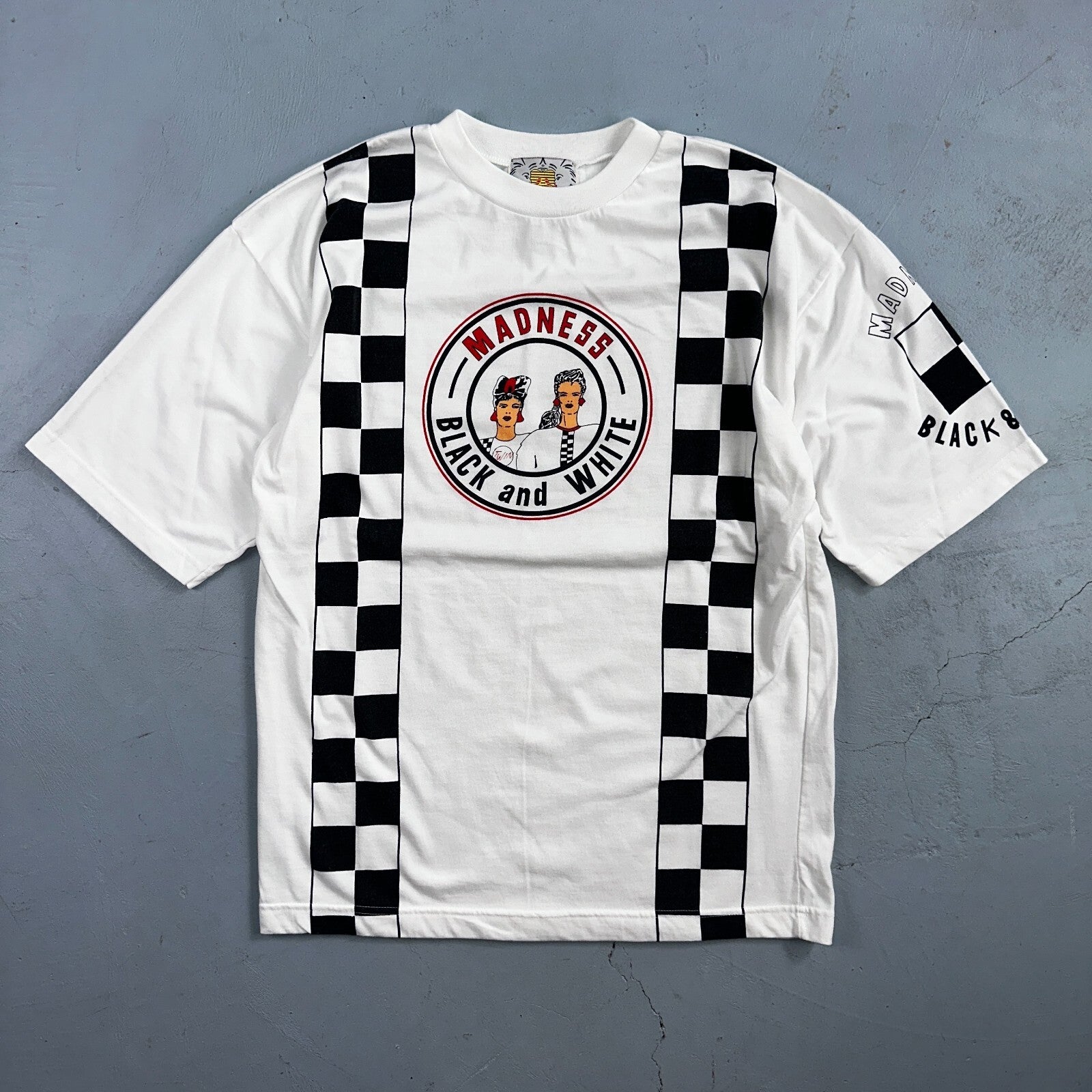 Madness Hot Girls VTG T Shirt Twin Medium 90s Black White Checkerboard Drama Art