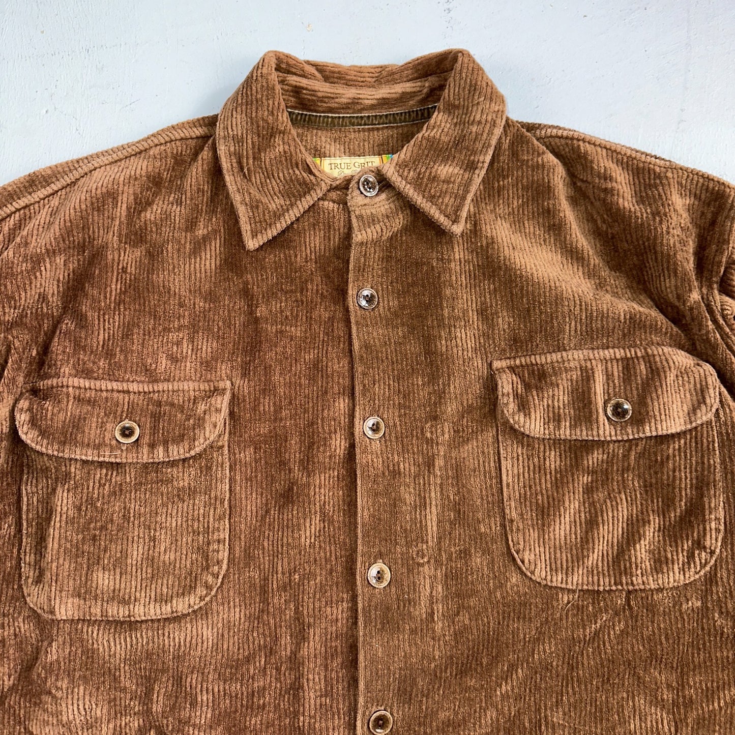 True Grit Brown Tan Shirt Mens L Corduroy Camp Hike Chore Button Down Shirt USA