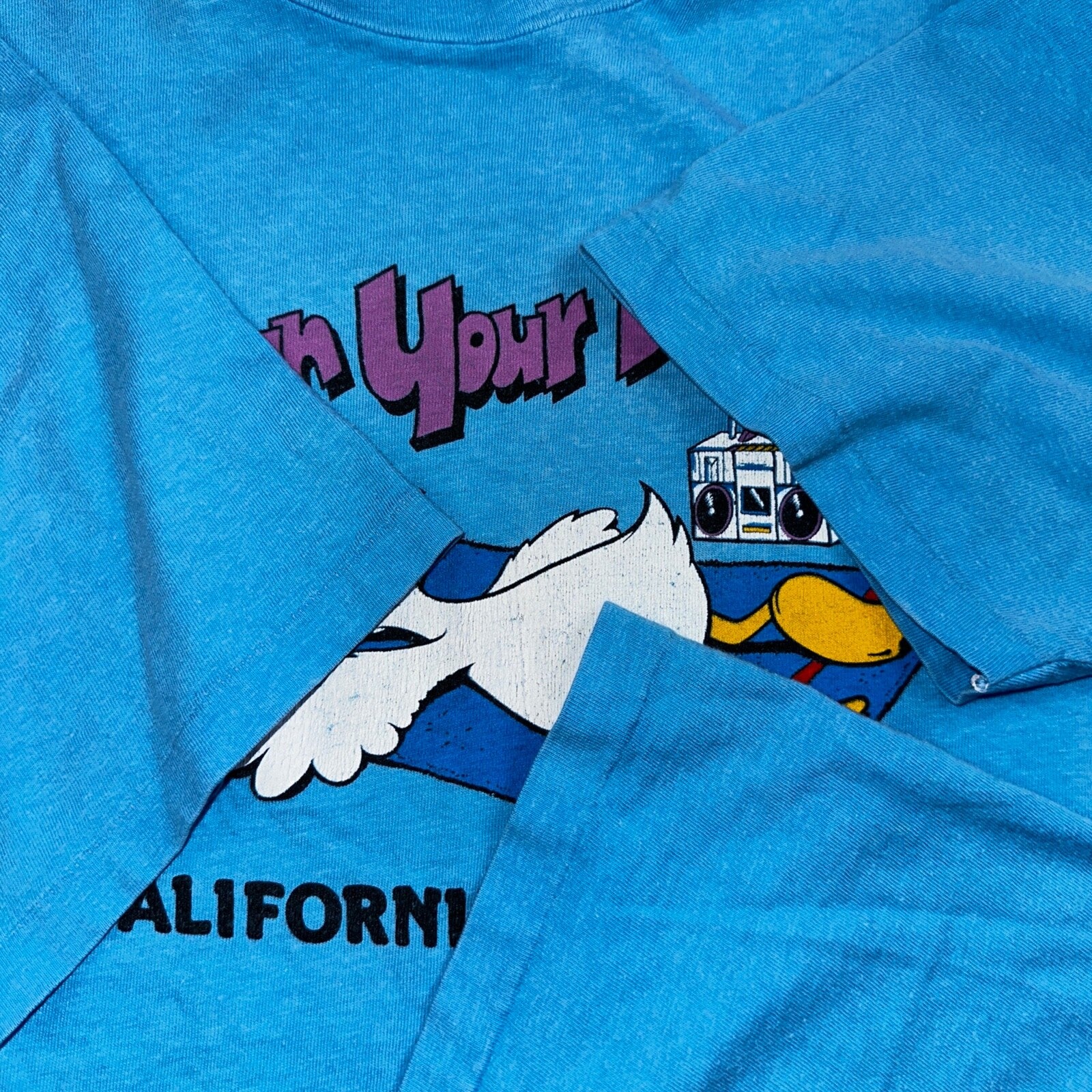 Hanes Beefy Sun Your Buns California VTG T Shirt 80s Duck Cute Beach Art Radio