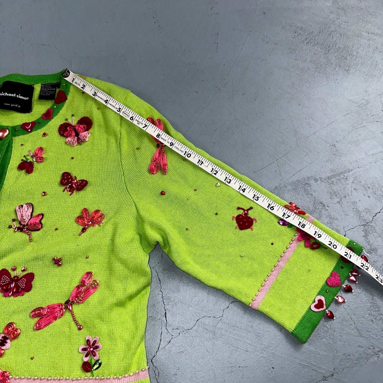Michael Simon VTG 2000 Dragonfly Hearts Cardigan Sweater Green Valentines Day
