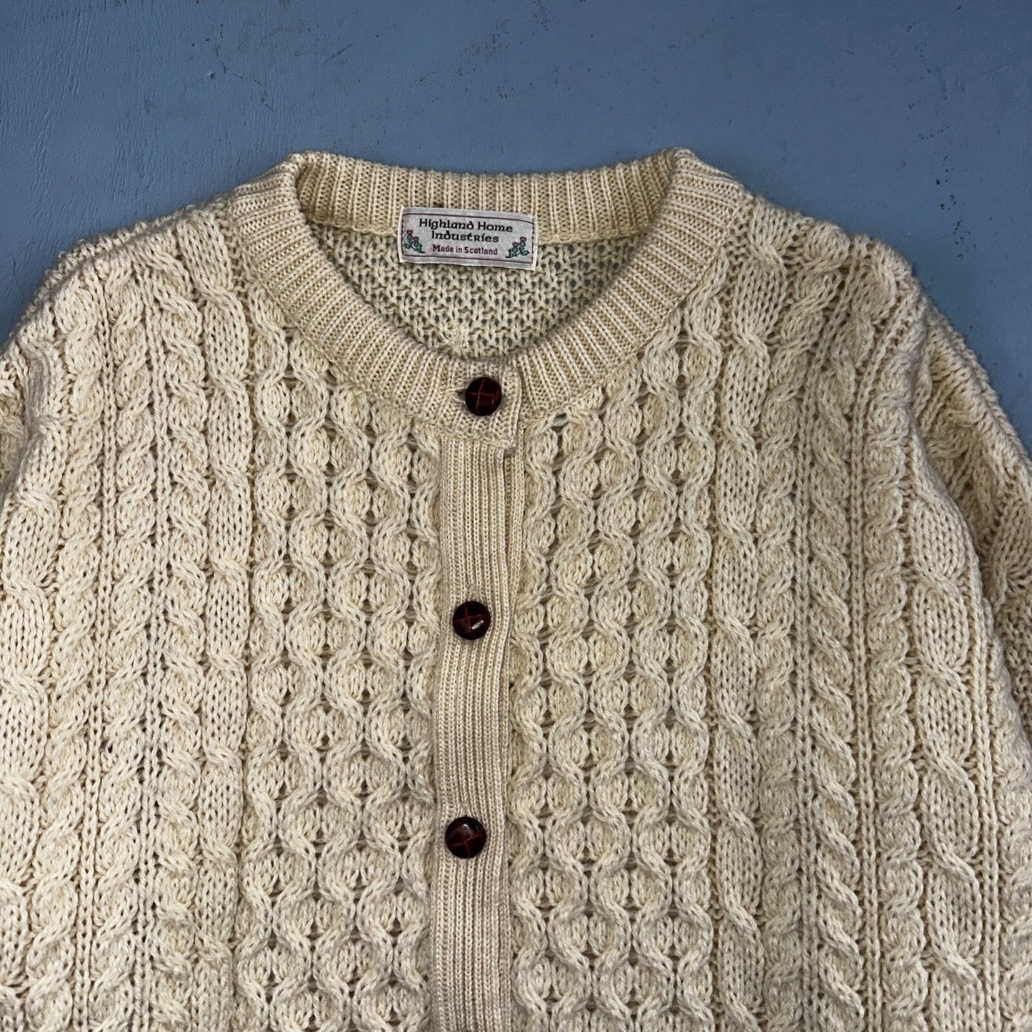 Highland Home Industries Cardigan Sweater VTG 70s Large Cable Knit Scotland Wool