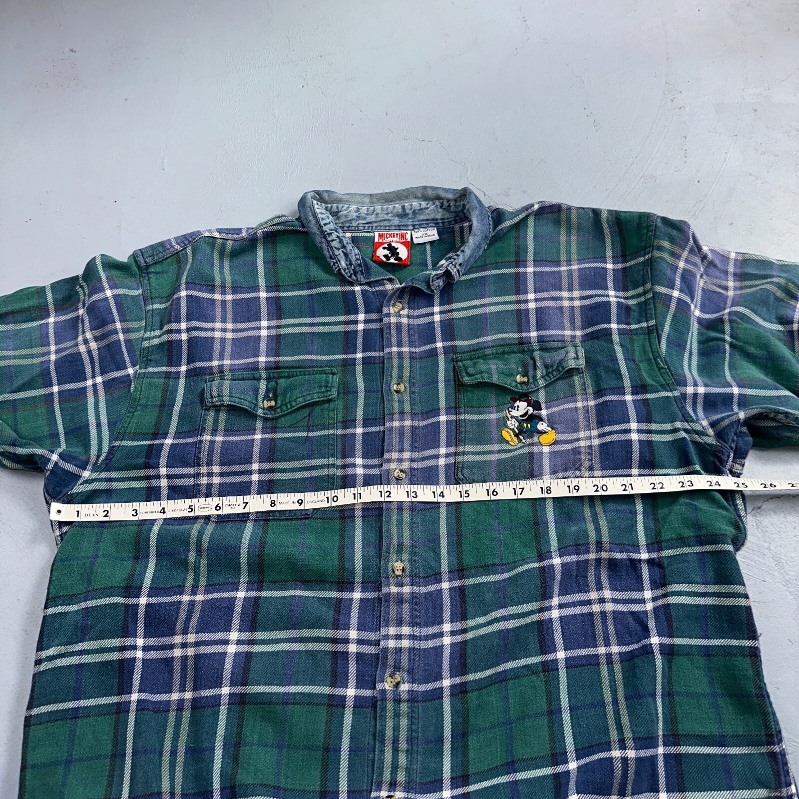 Vintage 90s Disney Mickey 2XL Blue Green Plaid Flannel Shirt Embroidered Pocket