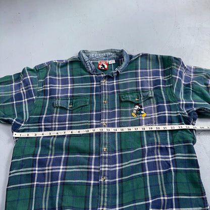 Vintage 90s Disney Mickey 2XL Blue Green Plaid Flannel Shirt Embroidered Pocket