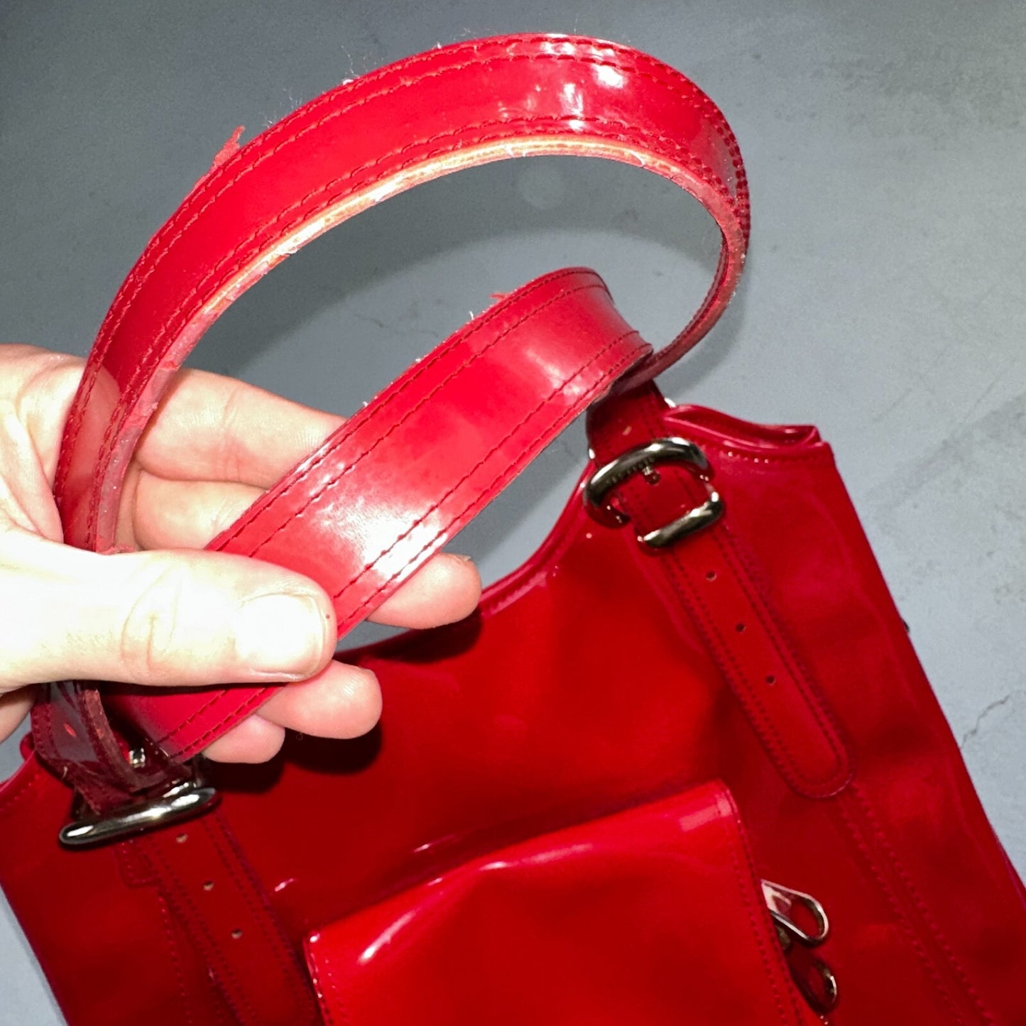 Ted Baker Red Patent Leather Quilted Large Stitch Tote Bag Purse Statement Y2K