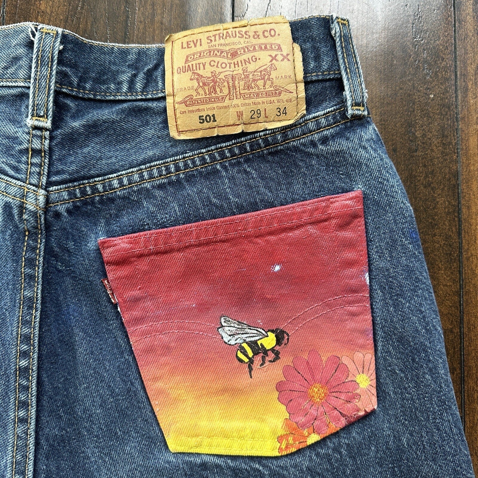 Vintage 90s Levis 501 29x34 USA Blue Denim Jeans Act 27x29 Med Wash Custom Bee