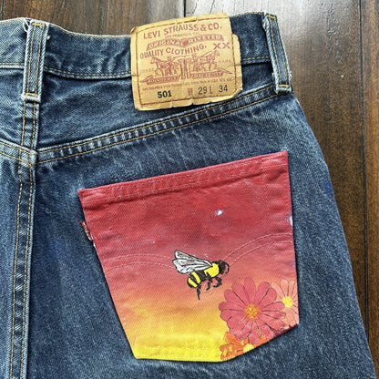 Vintage 90s Levis 501 29x34 USA Blue Denim Jeans Act 27x29 Med Wash Custom Bee