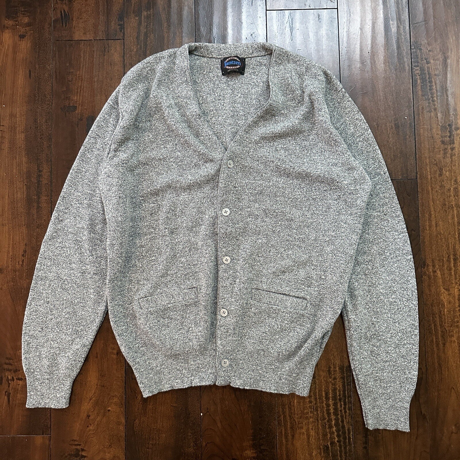 VTG 70s Jantzen Gray Wool Dave Marr Grandpa Cardigan Sweater Rockabilly L USA