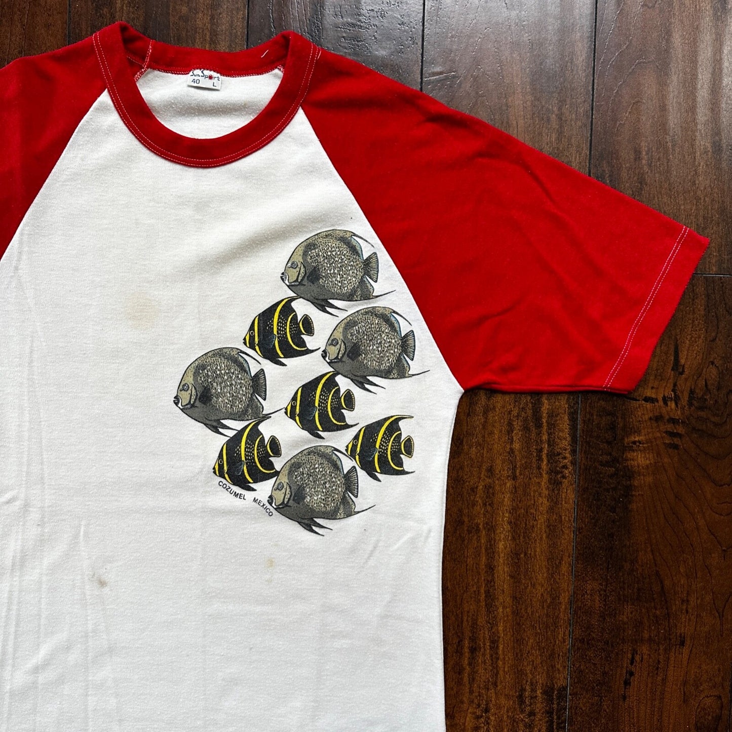 1980s Raglan Fish Vintage T Shirt 80s Red White Sports Travel USA Sun Hippie