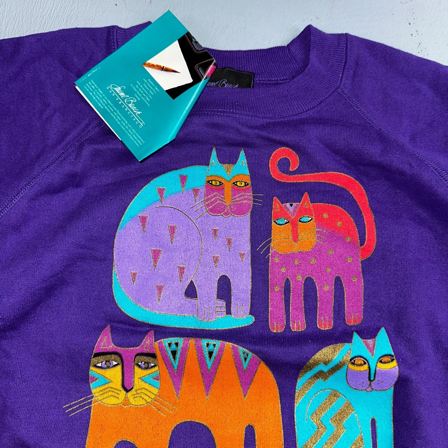 Laurel Burch VTG 1987 Pullover Fantastic Felines Purple Cat Sweatshirt XL NOS