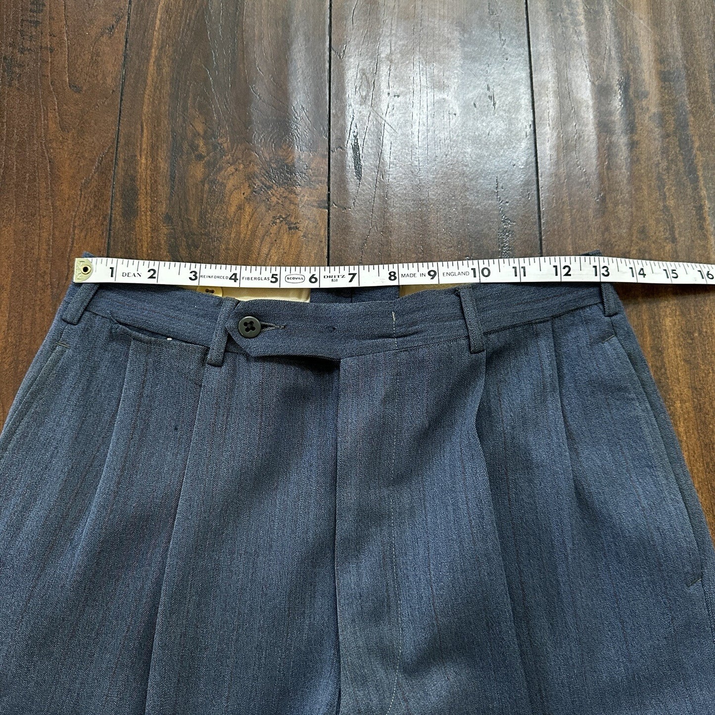 30s 40s 3 pc Pinstripe Blue Double Breasted Suit Belt Back Wool 34 26x31 Faded