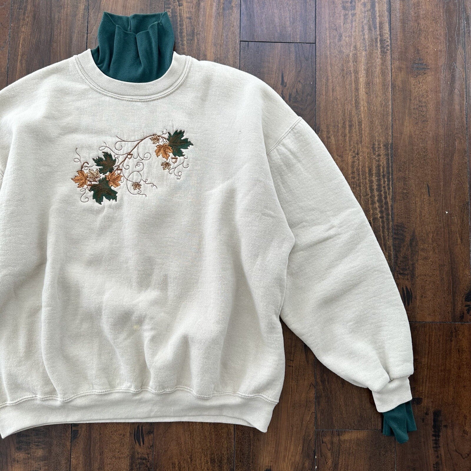 PFI Womens Size XL Autumn Leaves Long Sleeve Green Fall Collared Sweatshirt 90s