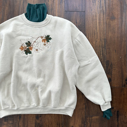 PFI Womens Size XL Autumn Leaves Long Sleeve Green Fall Collared Sweatshirt 90s