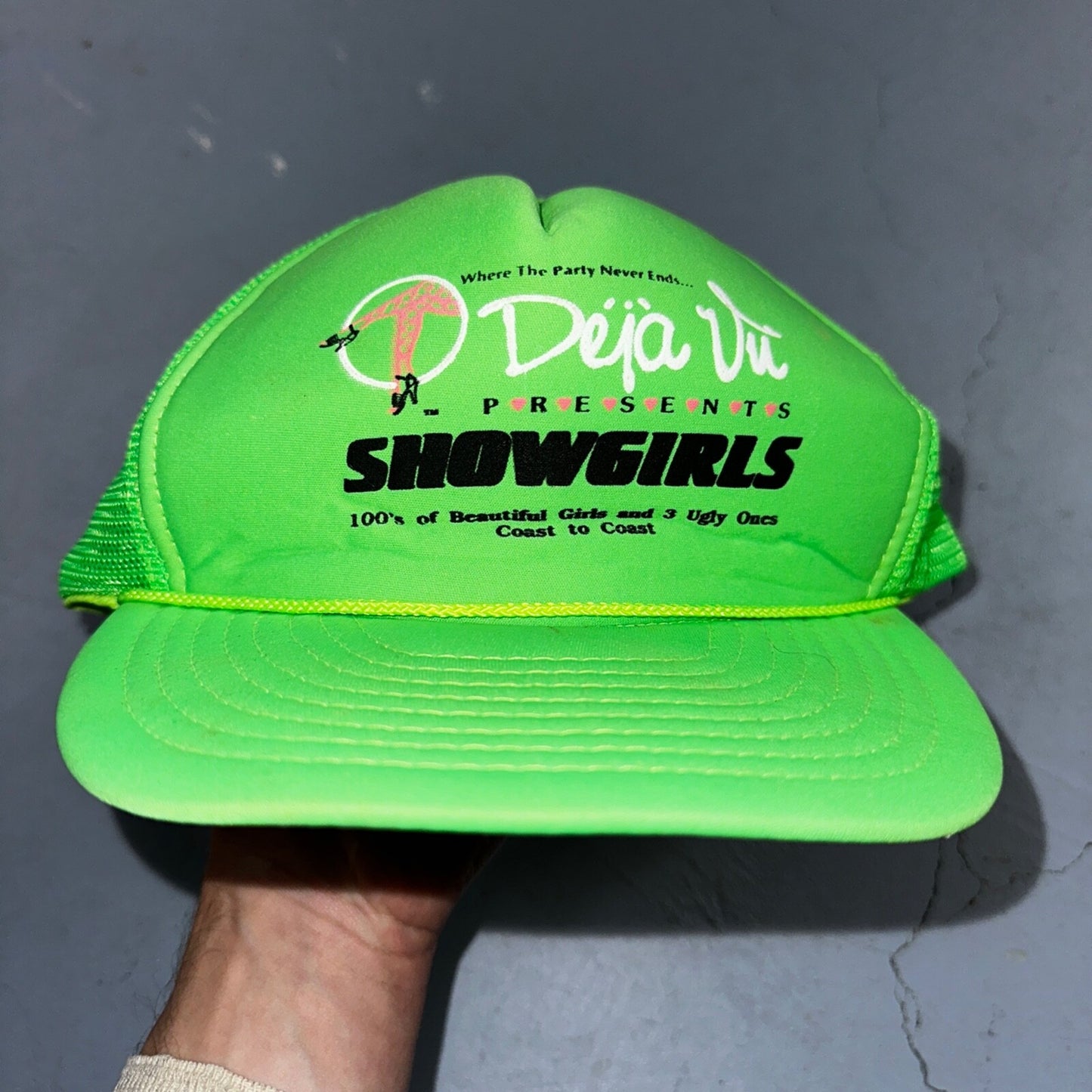 Deja Vu Hat VTG Snapback Trucker Cap Men Neon Green Showgirls 90s RARE