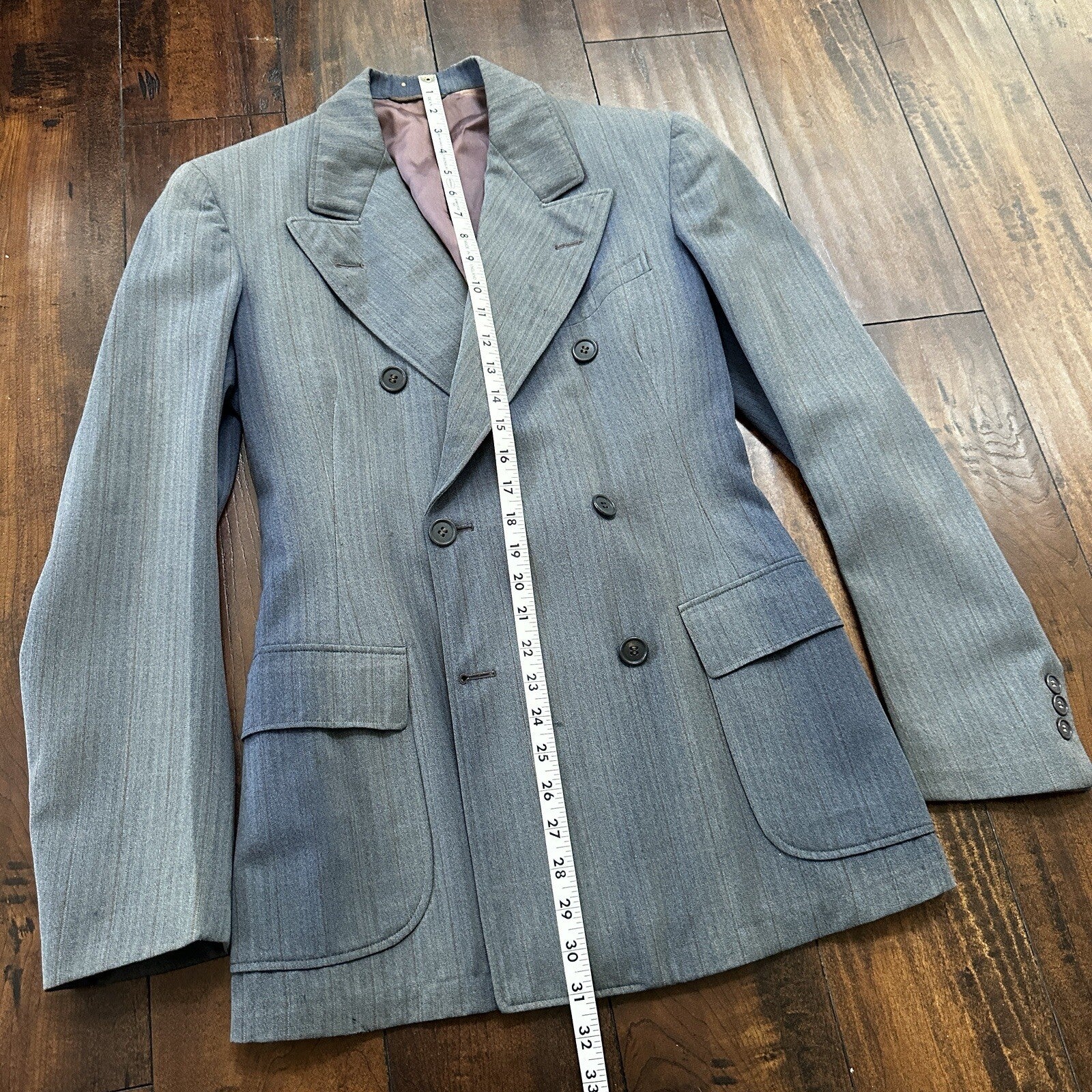 30s 40s 3 pc Pinstripe Blue Double Breasted Suit Belt Back Wool 34 26x31 Faded