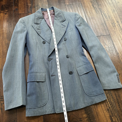 30s 40s 3 pc Pinstripe Blue Double Breasted Suit Belt Back Wool 34 26x31 Faded