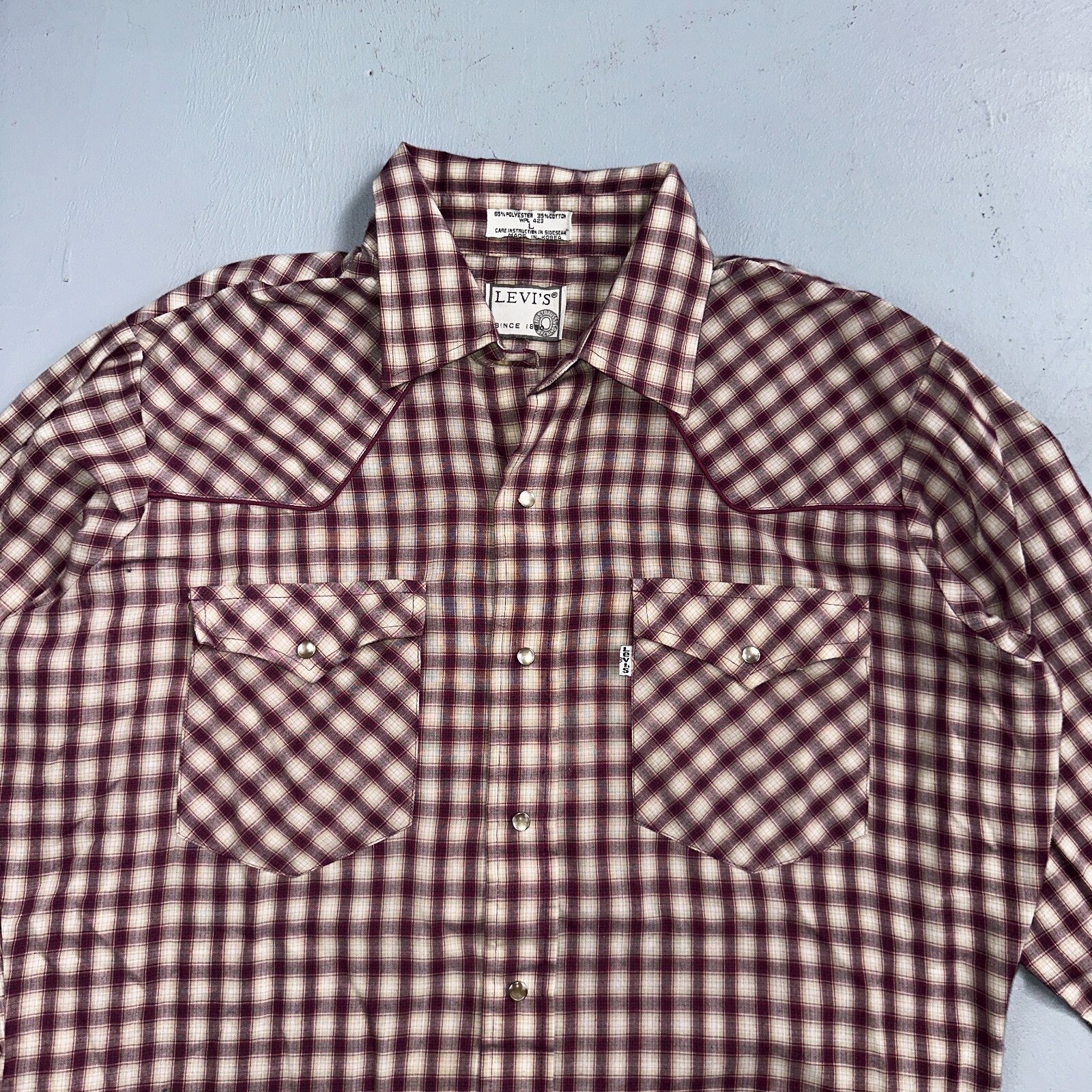 Levis VTG 1980s Pearl Snap Button Shirt Mens L Plaid 80s Cowboy Shirt Korea LS