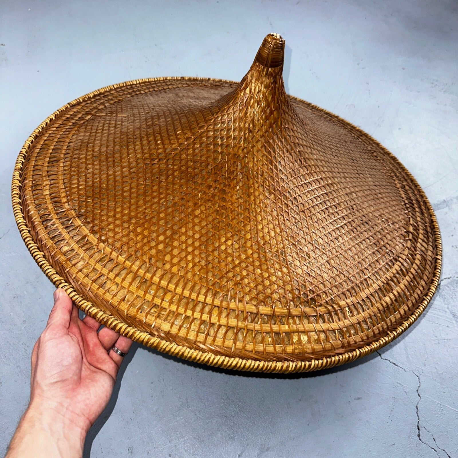 Vintage Asian Conical Rattan Leaf Rickshaw Coolie Hat Cantonese Chinese Handmade
