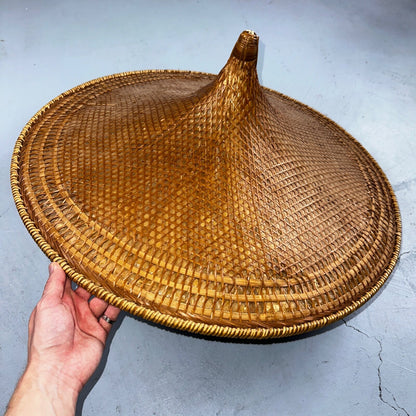 Vintage Asian Conical Rattan Leaf Rickshaw Coolie Hat Cantonese Chinese Handmade