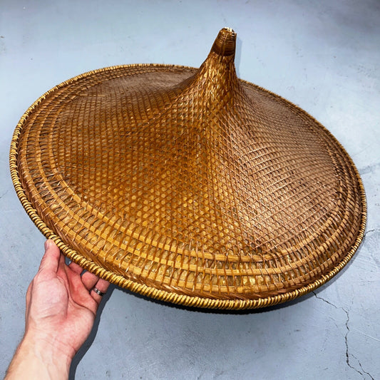 Vintage Asian Conical Rattan Leaf Rickshaw Coolie Hat Cantonese Chinese Handmade