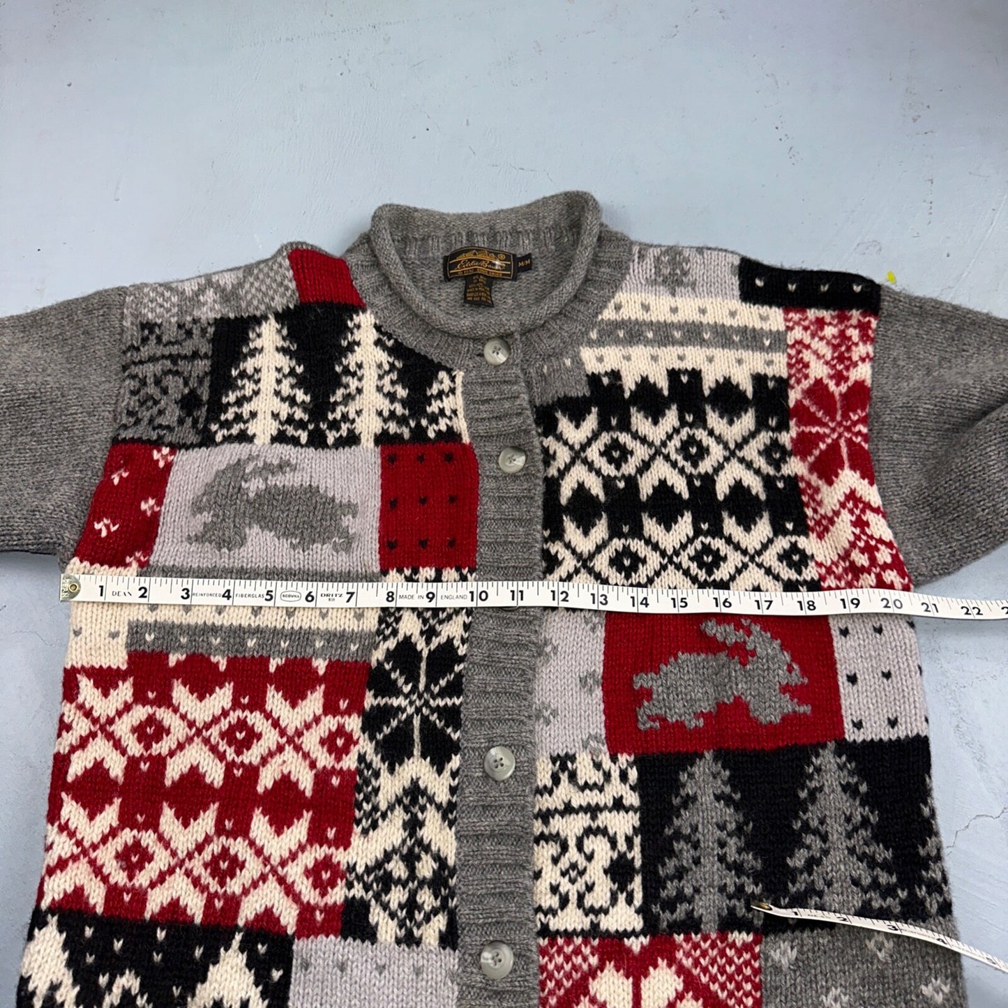 Vintage Eddie Bauer Cardigan Sweater Sz M Gray Snowflake Nordic Patchwork Wool