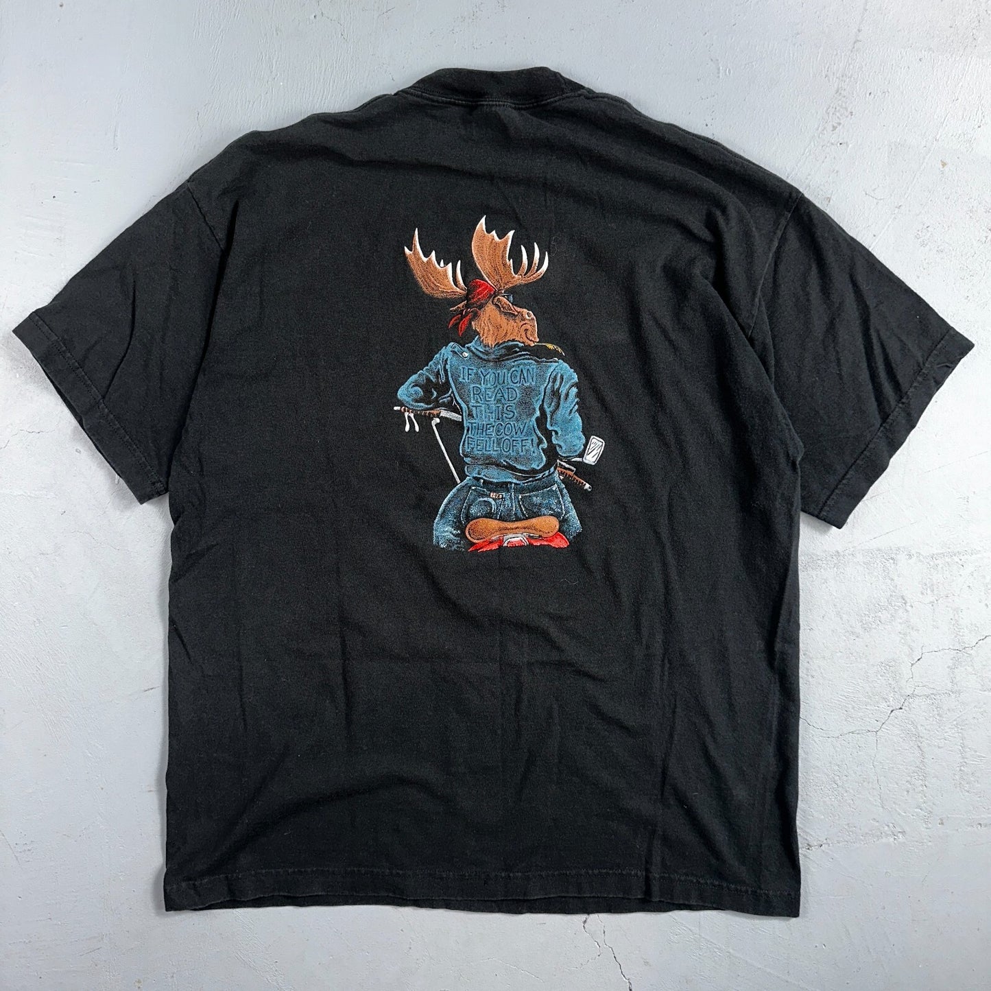 Moose Motorcycle Leather Jacket VTG T Shirt Cow Fell Off Funny Humor Biker Joke