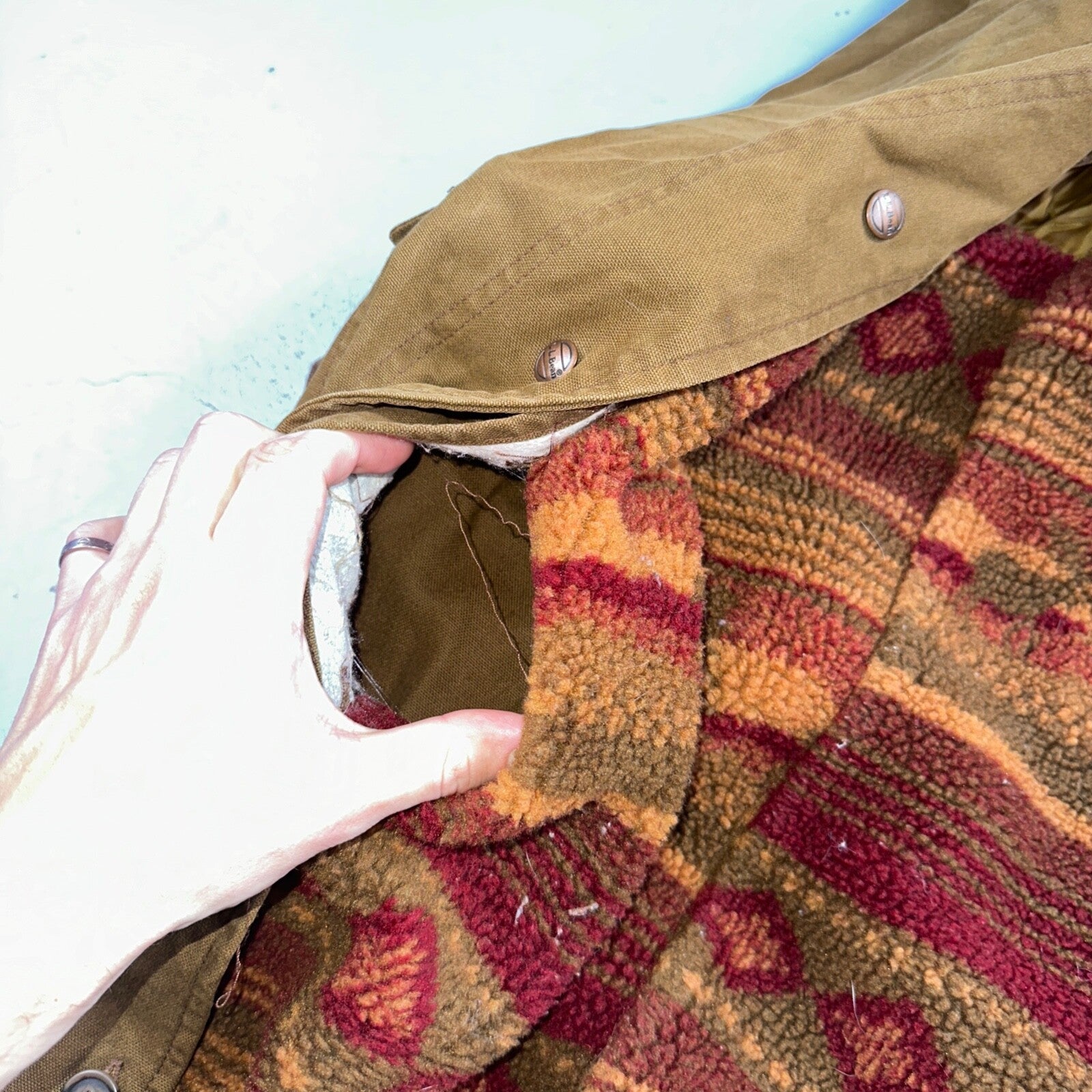 Vintage LL Bean Aztec Fleece Lined Womens Canvas Long Button Duster Coat M