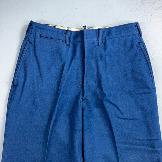 VTG Wool Trousers Pants Sz 31x31 1940s WWII Button Fly Wide Leg Dress Suit Blue